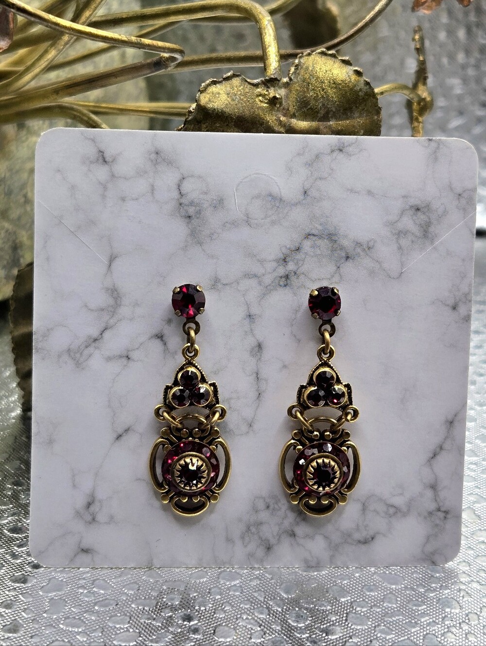 "5/$40" Brass Tone Faux Garnet/Ruby Victorian Goth Witchy Dangle Post Earrings